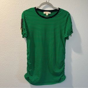 Women’s Michael Kors green striped rouched side detail short sleeve blouse L